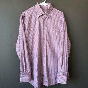 Peter Millar Mens Large Button Down Shirt Red Blue White Striped Cotton Workwear